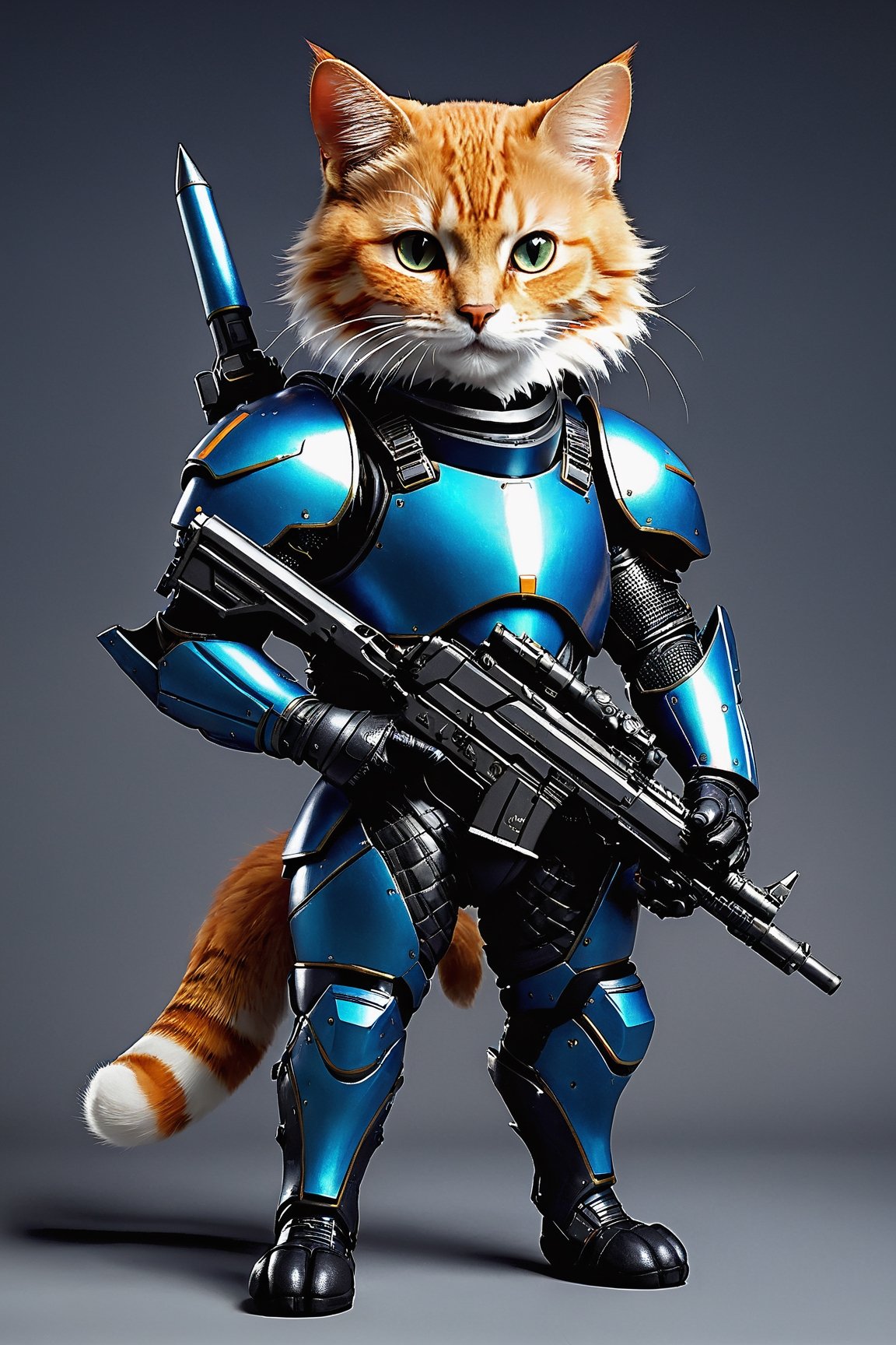 A anthropomorphic cat with futuristic armor and a weapon(gun)