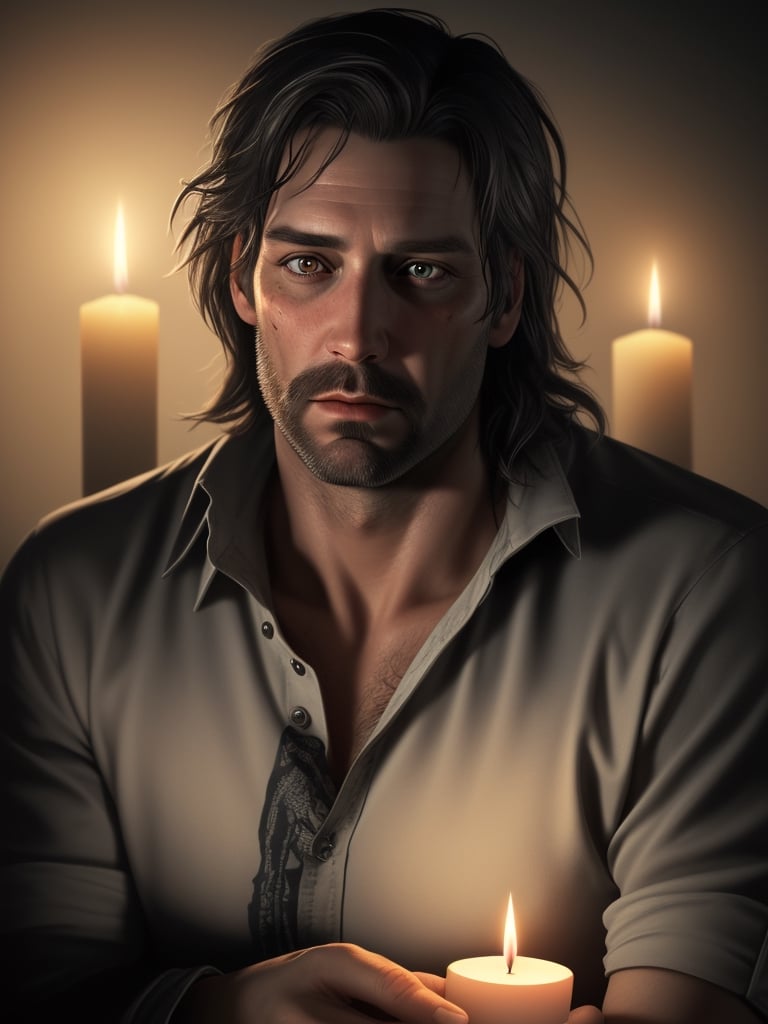 Photo portrait of an ultra realistic rugged facial hair alan wake 2, long black messy crazy hair, holding a candle light, ultra hyper realistic, photo realistic, 8k, masterpiece, julie bell, luis royo