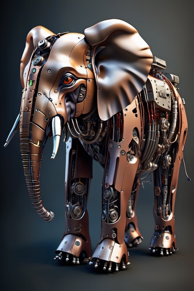 cybernetic elephant made out of different organic and mechanic parts, full body portrait,seen from below, highly detailed, beautiful colours, masterpiece, ,DonMCyb3rN3cr0XL ,cyborg style,biopunk style