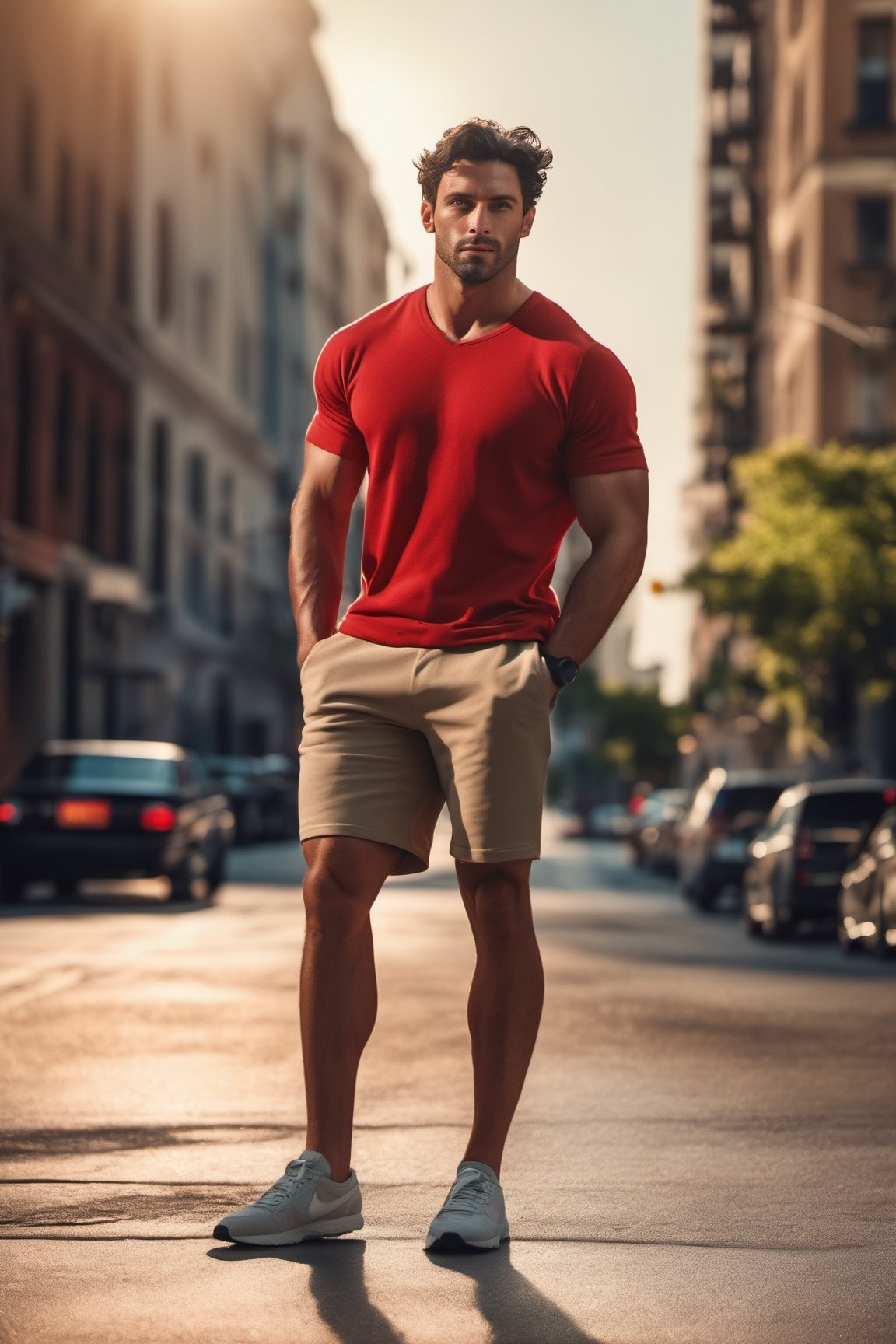 analog photorealistic photo of a man with short black wavy hair, muscular, perfect eyes, legs, wearing shorts, handsome, full body, city, soft diffused lighting, golden hour, eye level, RED Digital Cinema Camera