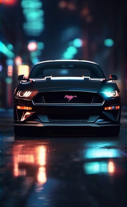 a picture of a ford mustang, modern car, black color, perfectly centered, dark night, neon lights in the background, telephoto lens, bokeh, extremely detailed car, extremely detailed background, reflections, unreal engine, raw photo, photorealism