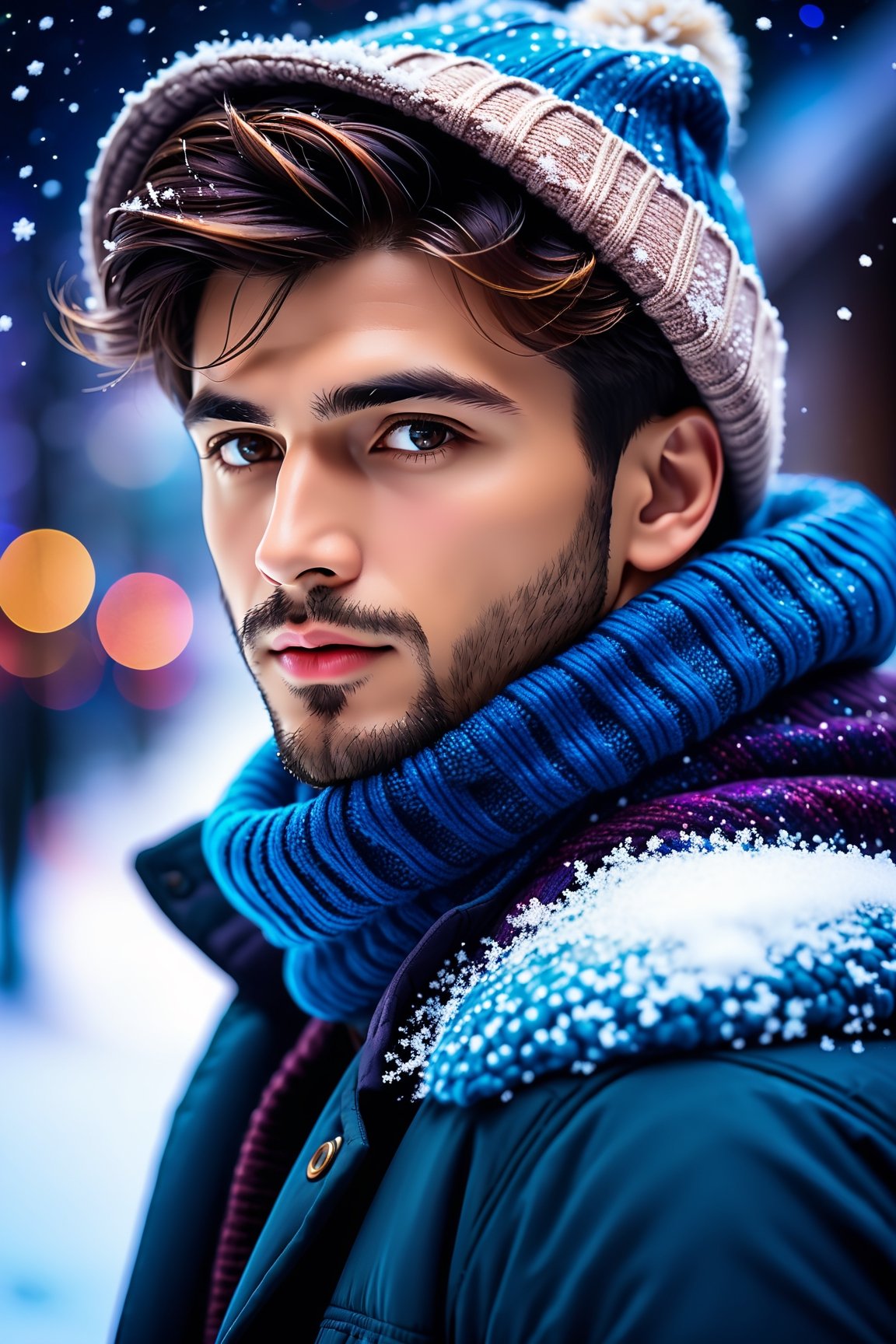close up angle of (( winter clothes male)),  detailed focus, deep bokeh, beautiful, dreamy colors, dark cosmic background, best camera, snow, 