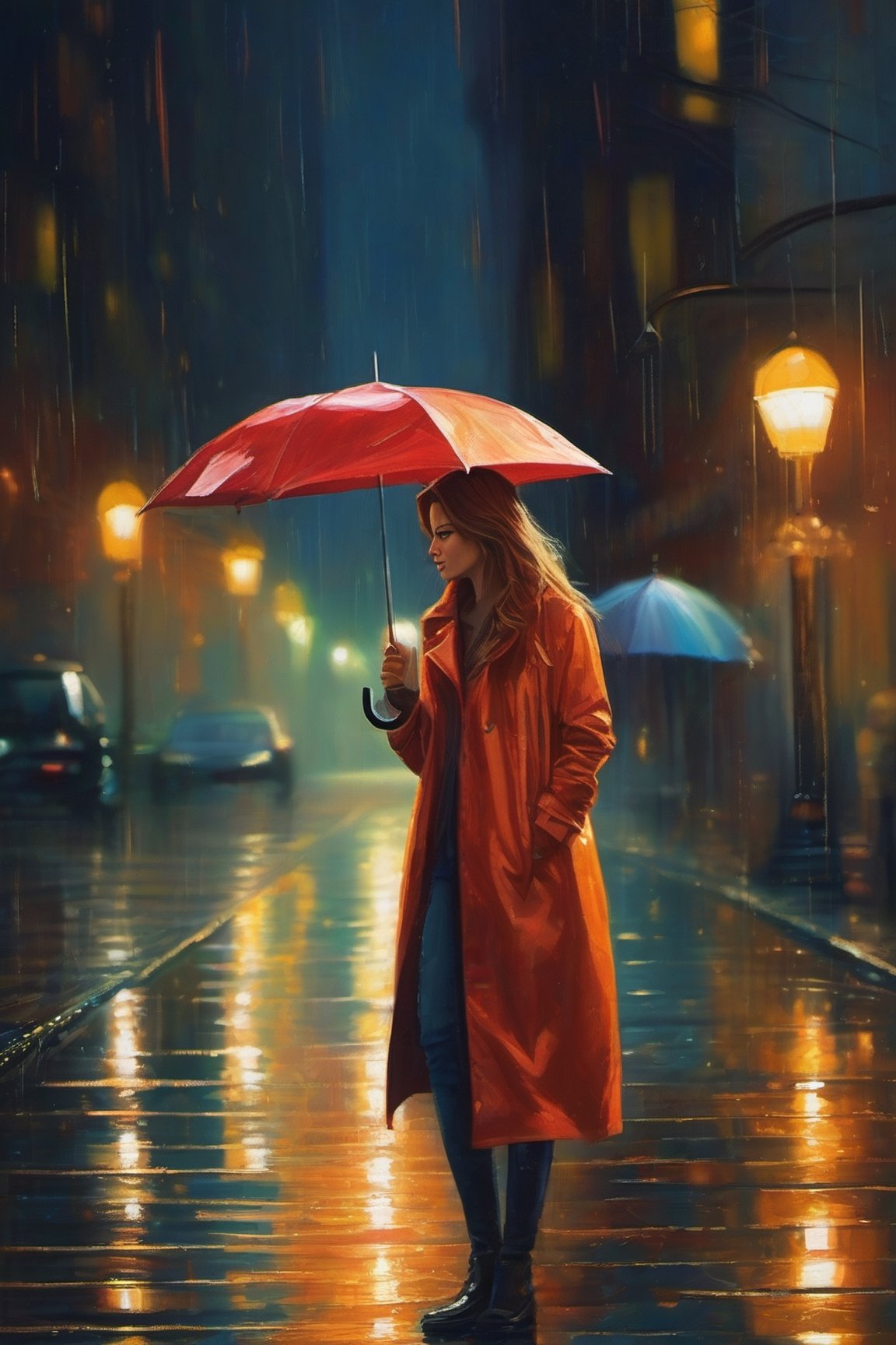 A city street bathed in the gentle glow of street lamps, with a beautiful girl walking in the rain. She's wearing an elegant raincoat, holding a bright umbrella, water droplets bouncing off. Her hair is slightly wet, and her eyes are full of contemplation. The reflections in the puddles and the tranquil scene around her create a mood of peace and beauty. Cinematic. Extremely realistic, masterpiece, professional photography