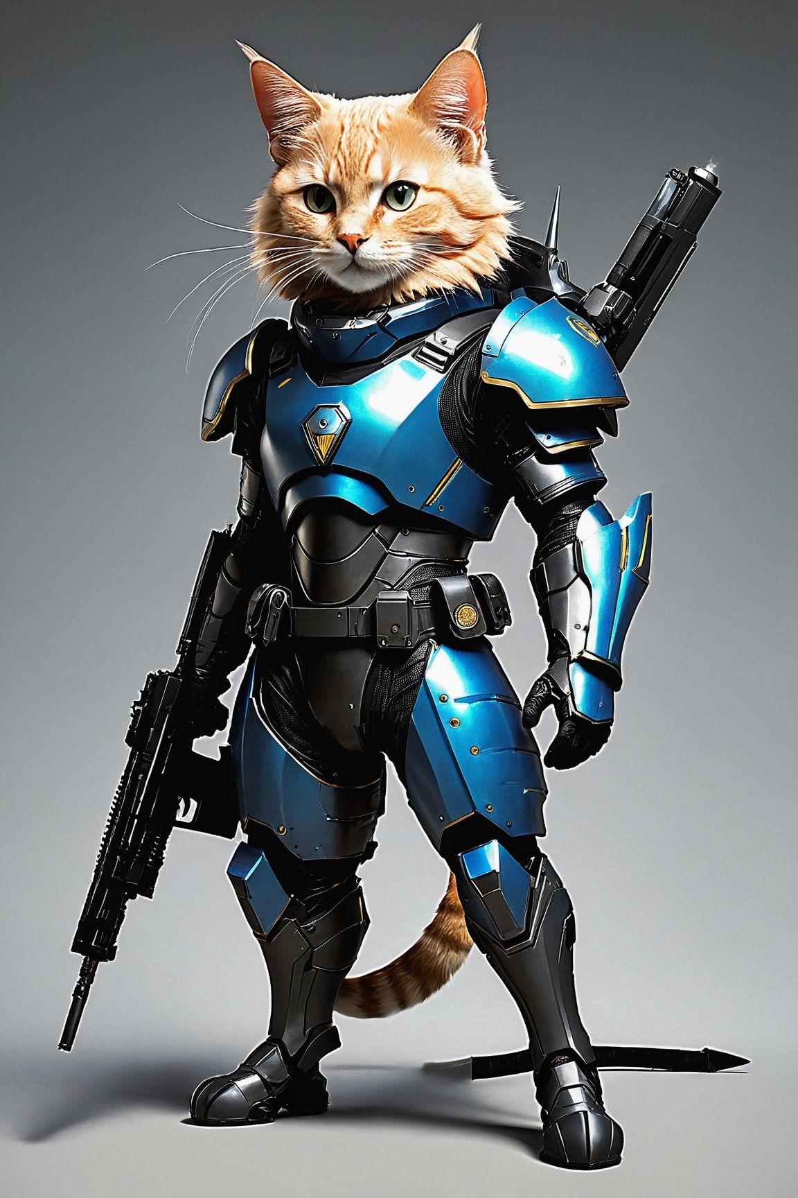 A anthropomorphic cat with futuristic armor and a weapon(gun)