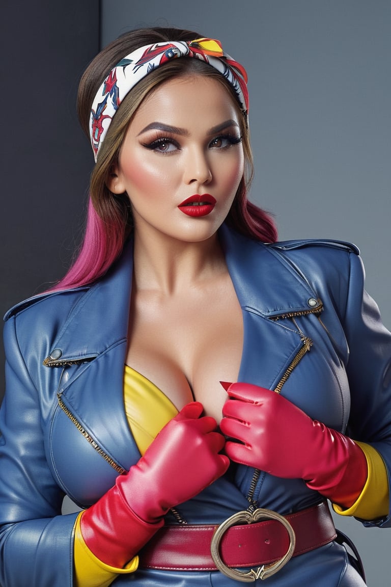 Create a stunning women, looking at viewer, Huge breasts, voluptuous, jacket, parted lips,belt, open jacket, lips, exposed_navel, makeup, headband, outstretched arm, lipstick, multicolored clothes, buckle, belt buckle, red lips, yellow gloves, specular highlights, Rogue of the X-men, nice hands,Detailedface,photo of perfecteyes eyes,leonardo
