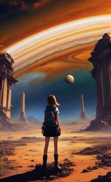 Jupiter is about to collide with Earth, one minute before the end of the world, A person is standing amid ruins ,Jupiter almost collides with the person, Jupiter is in the center of the frame,doomsday, suppression,completed artwork, digital art, Masterpiece,best quality,Vivid colors ,high_school_girl