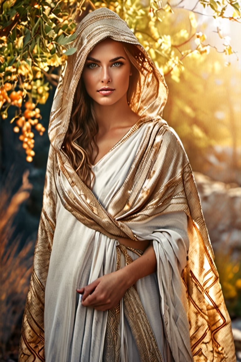 realistic wallpaper image, loving greek goddess Demeter, goddess of the harvest and food, stunning face, cruel and mischievous, smirk, looking down and towards viewer, ultra detailed hooded cloak, symmetrical burning eyes, perfect skin, emboldened, taken with DSLR 150mm lens, shutter speed 1/100, raw color, dramatic, intricately detailed fantasy (ancient greek rural) background, cinematic lighting, textures of natural reflections, action pose, asymmetrical position, 8k, uhd, sfw