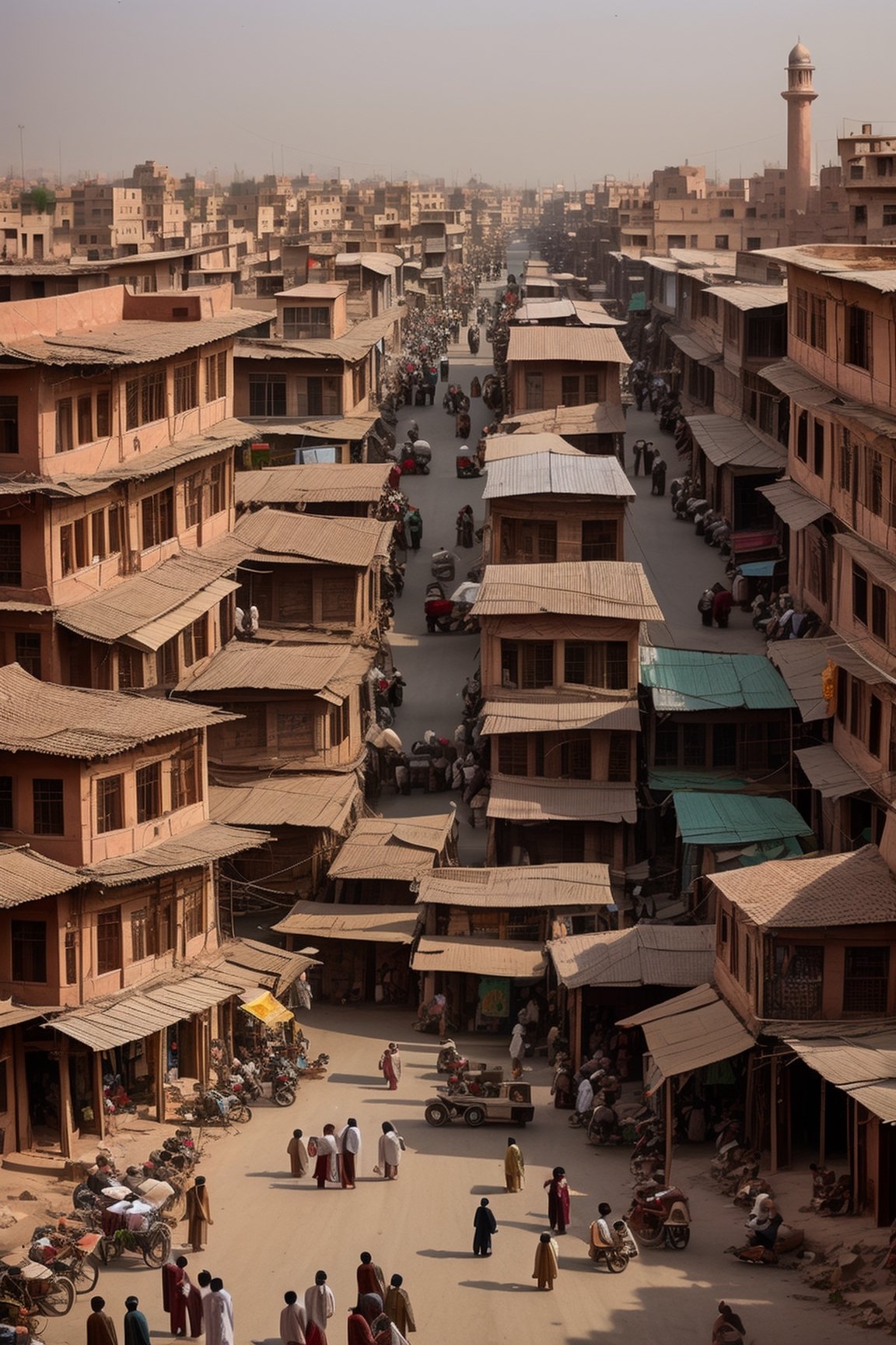 "Illustrate a bustling old town scene in Peshawar, showcasing the unique character of Khyber Pakhtunkhwa's architecture and culture."