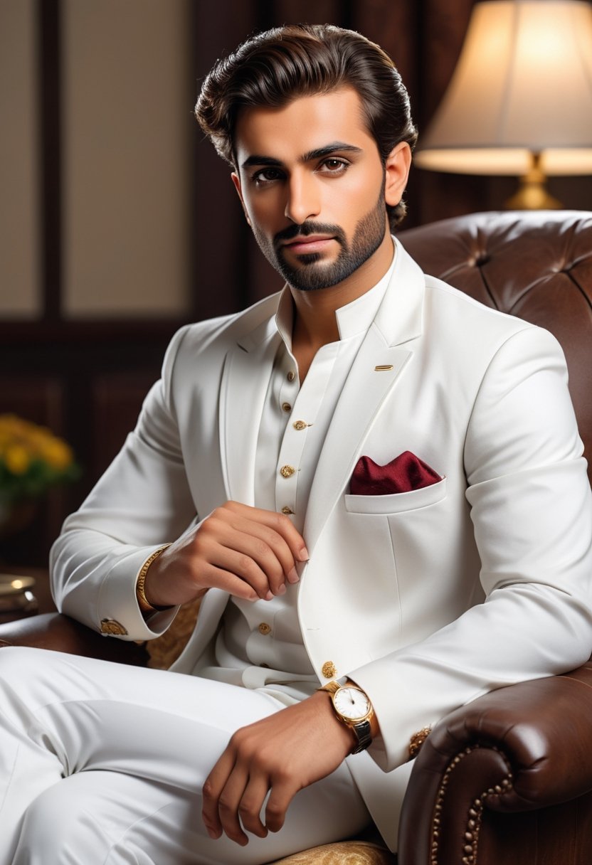 create portrait of a pakistani men , wearing white shalwar kameez , also wearing a shawl , handsome boy , 8k , hyper realistic , sitting on a sofa chair , ultra realistic , watching time in his wrist watch 