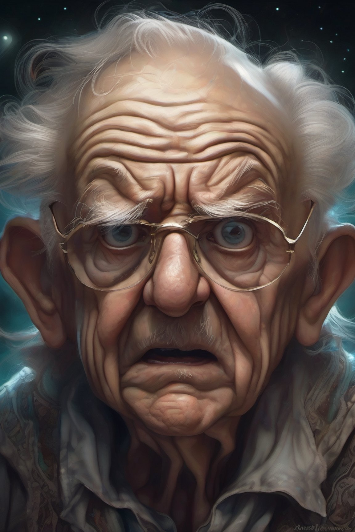 Very old frightened and scared grandpa with fear in eyes, mad sky hallucination by Mundford, baroque maximalist, chibi by Artificial Nightmares, Stanley Artgerm, Tim Burton, detailed face features, sharp eyes, extremely detailed, photorealistic, highly detailed, organic, dynamic, ultra realistic, high definition, intricate details, crisp quality.