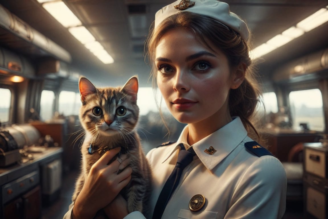 Cinematic lighting,bright natural light,Create an image of an individual in a American modern civil aviation stewardess uniform, holding a cat with big eyes. capturing the essence of elegance and companionship between individual and pet.
photo realism, DSLR, 8k uhd, hdr, ultra-detailed, high quality, high contrast (Masterpiece, award-winning work) many details, extremely meticulous, high quality, real photo shot, art composition,more detail XL
