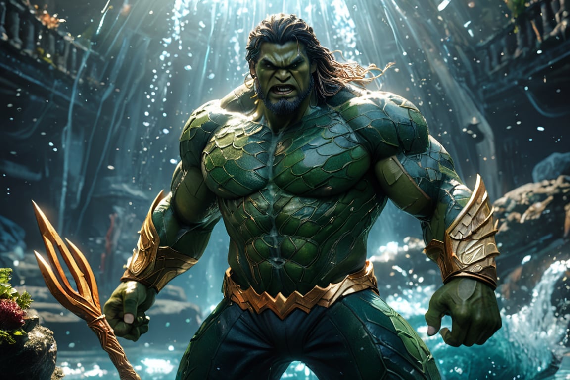 Action mode, action pose, Hulk Aquaman: A formidable fusion of Hulk and Aquaman. This character is a massive, muscular figure with green skin and scales, wearing armor made from Atlantean materials. He wields a trident infused with gamma energy, creating a powerful aura around it. The background should be an underwater kingdom with glowing marine life and ancient ruins. Add glare, lens flare, cinematic lighting, and particles to enhance the aquatic and powerful nature of the character.

(best quality, 4K, 8K, high-resolution, masterpiece), ultra-detailed, realistic, photorealistic, intricate design, vibrant colors, detailed facial expression, otherworldly appearance, glowing elements, complex patterns, high contrast, dynamic lighting, cinematic composition, high detail, high resolution.