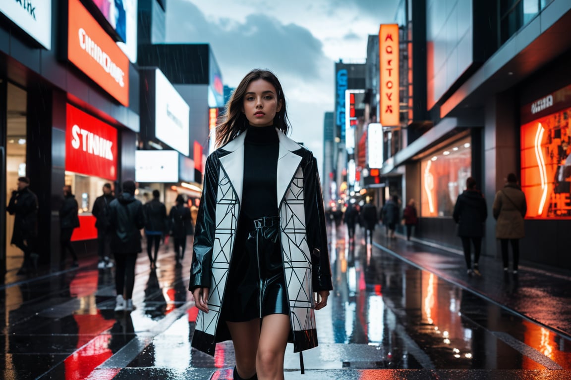 A young woman strolling through a monochromatic cityscape, clad in a chic black and white coat with geometric patterns, walking down a bustling urban street filled with abstract sculptures and futuristic architecture, under a cloudy sky hinting at rain, with reflections of neon signs on wet pavement adding a dynamic element, her expression a mix of determination and mystery, captured in a digital art style with bold lines and saturated colors. 
BREAK,
highly detailed,high budget,cinemascope,moody,epic,gorgeous,film grain,grainy,masterpiece,best quality,perfect anatomy,very aesthetic,official art,8k,