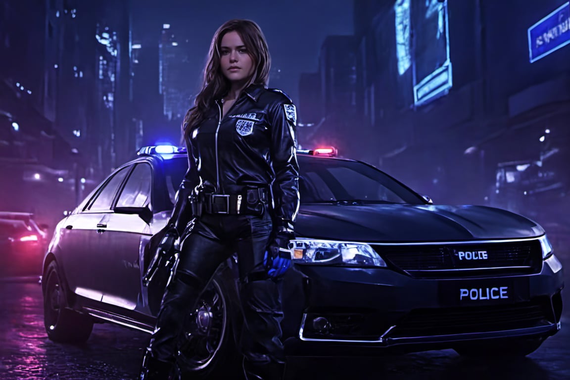 cinematic shot, complete view, 1european girl, long brown hair, looking to the side with a cute smile, Police_clothing, gloves, dark blue gloves, black boots, standing, big gloves, pointy ears, belt, realistic, cyberpunk style, cyberpunk, police_car, night city,Extremely Realistic,Movie Still,RussellJames,background,c_car,