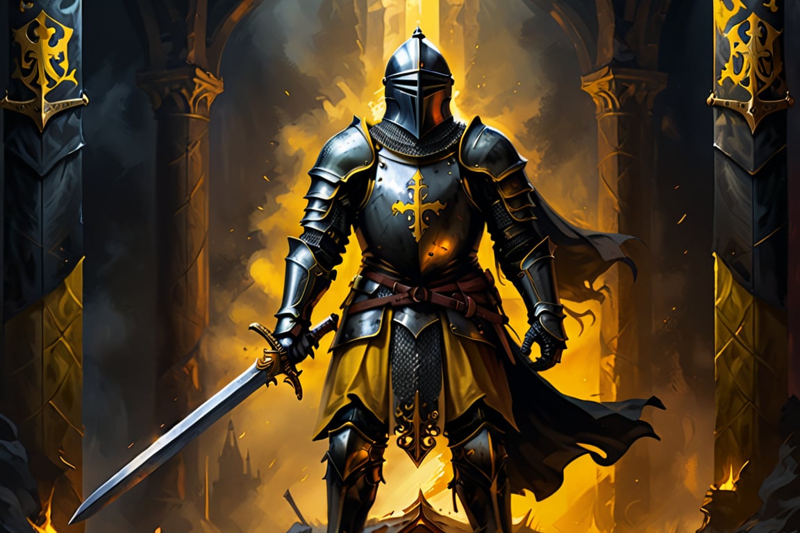 A captivating and detailed illustration of a medieval knight, clad in black and yellow armor, standing proudly with his massive sword held vertically before him. The banner "DEUS VULT" is firmly planted beneath his feet, symbolizing his unwavering devotion and purpose. This stunning artwork exudes historical authenticity, showcasing the essence of warriors, medieval themes, and the legendary aura of knights and their mottos. The vibrant color palette of black, yellow, and gold creates a dark fantasy atmosphere that would be perfect for discussions, posters, paintings, or conceptual art projects. The image's rich details and dynamic composition 