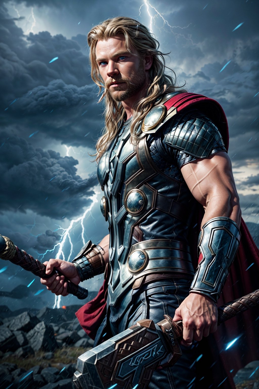 (Thor): "Generate a high-detail image of Thor, the Norse God of Thunder, with striking blue eyes that crackle with electricity. He possesses long, flowing hair that adds to his majestic appearance. His physique is extremely muscular and imposing, radiating an aura of power. His body is surrounded by swirling lightning, and he holds the mythical Mjölnir, his enchanted hammer, ready to unleash its thunderous might.", sexypirate (perfect face), (perfect eyes and lips), (perfect mascular body Armour), lightning background, photographic cinematic super super high detailed super realistic image, 4k Ultra HDR high quality image, masterpiece, , perfecteyes, ,perfecteyes,lightning farron