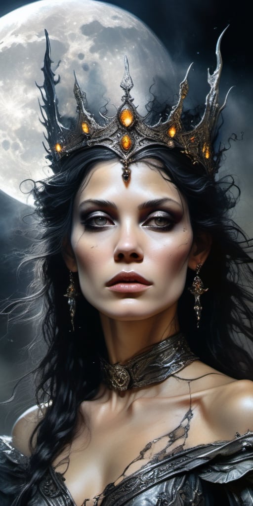 A portrait of a beautiful Queen Mab Mab, perfect body, moon reflecting off face, dark hair, Apocalyptic, Viktor Miller, Kyle Lambert, Charlie Davis, divine proportion, ink, artwork, Royo, cinematic, 16k, sharp focus emitting diodes smoke sparks artstation hyperrealism painting concept art of detailed character design matte painting