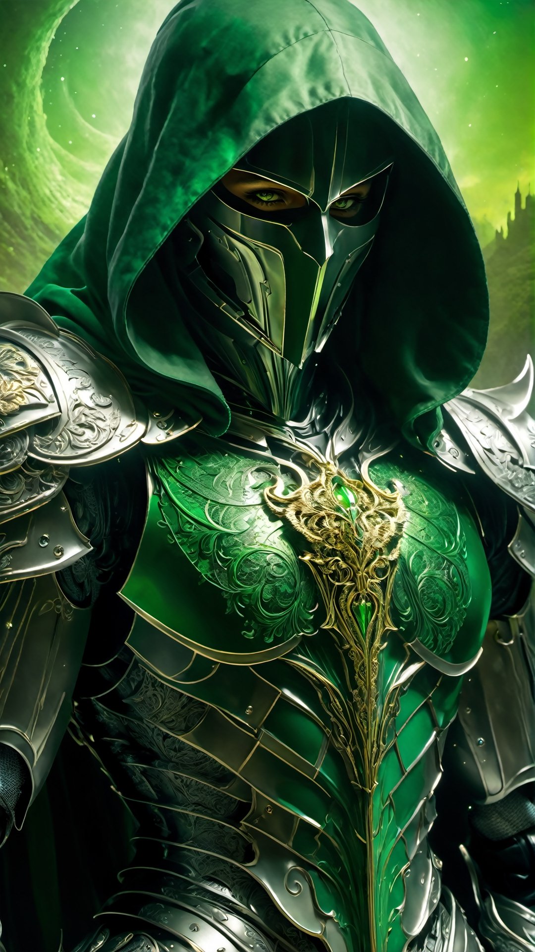 Grim Reaper, ultra detailed artistic photography,(((Silver armor)))((Green cloak with hood))) midnight aura, night sky, dreamy, glowing, backlit, glamour, glimmer, shadows, oil on canvas, brush strokes, smooth, ultra high definition, 8k, unreal engine 5, ultra sharp focus, art by alberto seveso, artgerm, loish, sf, intricate artwork masterpiece, ominous, matte painting movie poster, golden ratio, trending on cgsociety, intricate, epic, trending on artstation, by artgerm, h. r. giger and beksinski, highly detailed, vibrant, production cinematic character render, ultra high quality model