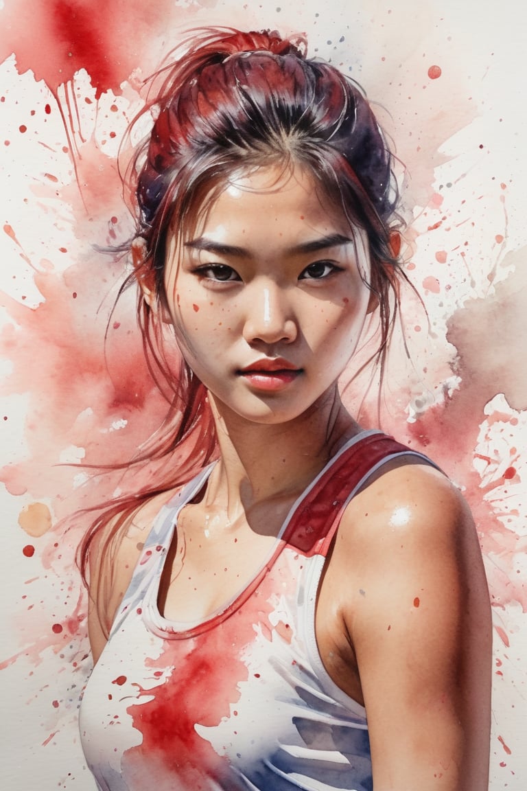 ((best quailty)), a watercolor portrait of a beautiful asian student model tennis athlete, looking back, greasy plump lip, glowing skin, floating hair, gradient hair color, with platinum and red blended hair coloring for a woman,  wet on paper, wet splatters, 