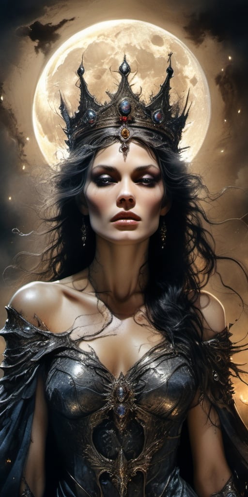 A portrait of a beautiful Queen Mab Mab, perfect body, moon reflecting off face, dark hair, Apocalyptic, Viktor Miller, Kyle Lambert, Charlie Davis, divine proportion, ink, artwork, Royo, cinematic, 16k, sharp focus emitting diodes smoke sparks artstation hyperrealism painting concept art of detailed character design matte painting