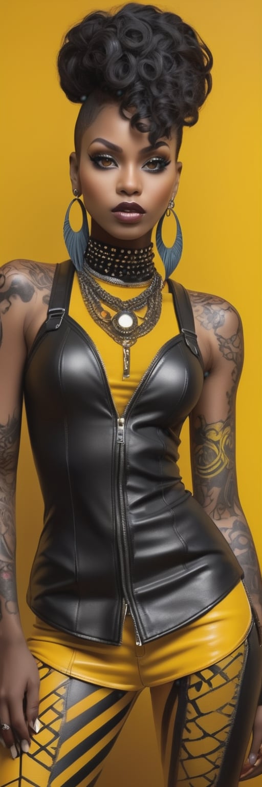 Ultra-Realistic Photo Of A very Beautiful Woman(((Black woman))) In The Image Of 'punk lady'  Fashion Outfit In Style body art,
Long dark Hair, Beautiful hot Eyes,((All Dark yellow leather)) Highly Detailed portrait 8K,background 5D abstract