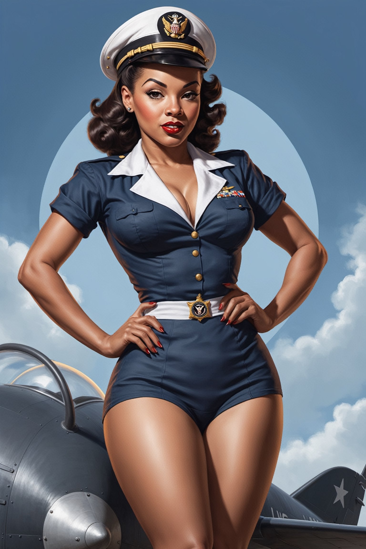 Pinup-style artwork. Create a captivating pinup illustration in the style of the 1940s.(((Black female))) Picture a pinup girl striking a provacative pose, emphasizing her hourglass figure,wearing US Navy uniform
Drawing style by pin-up artist Antonio Varga