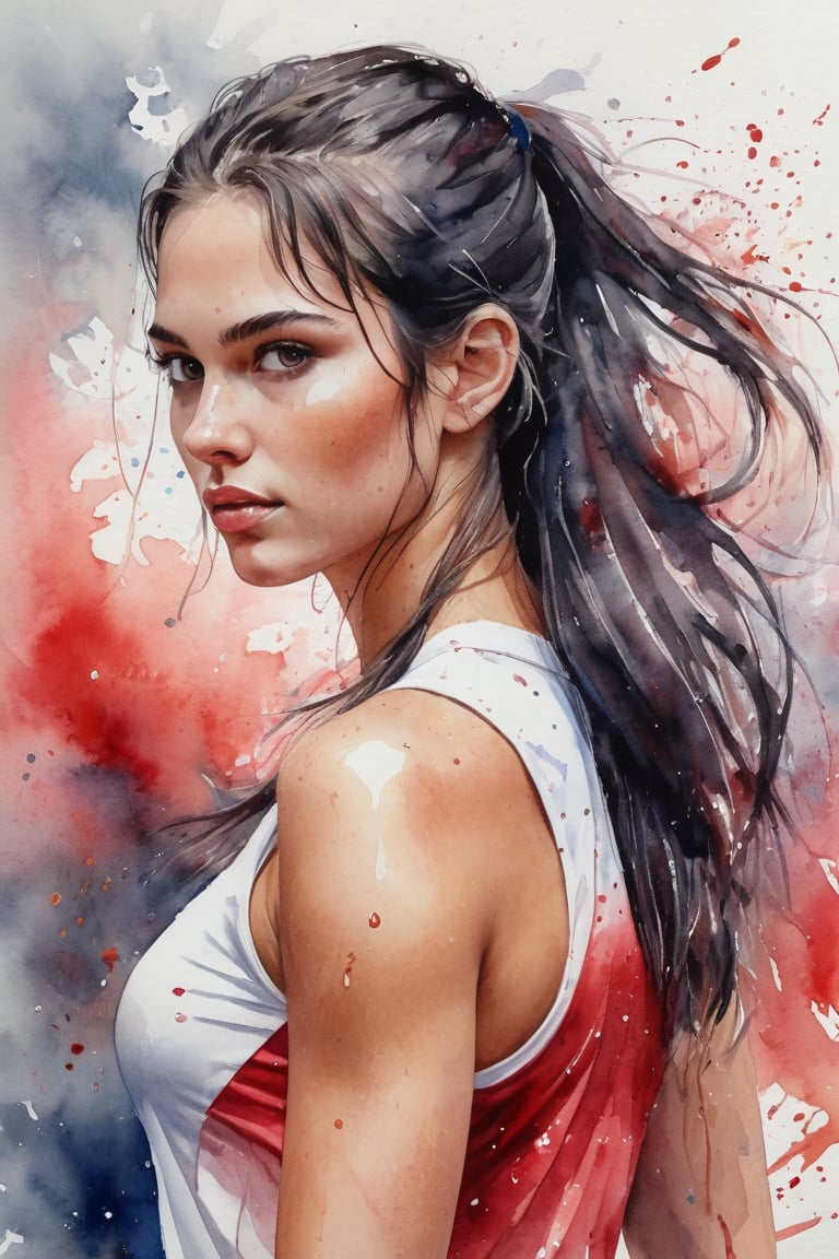 ((best quailty)), a watercolor portrait of a beautiful Russian student model tennis athlete,long black hair, looking back, greasy plump lip, glowing skin, floating hair, gradient hair color, with platinum and crimson blended hair coloring for a woman,  wet on paper, wet splatters, 