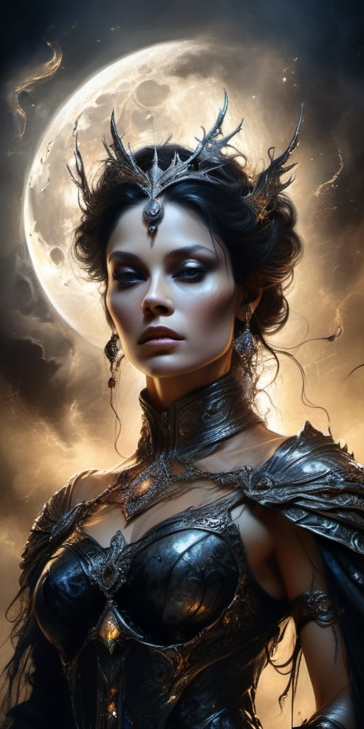 A portrait of a beautiful Queen Mab Mab, perfect body, moon reflecting off face, dark hair, Apocalyptic, Viktor Miller, Kyle Lambert, Charlie Davis, divine proportion, ink, artwork, Royo, cinematic, 16k, sharp focus emitting diodes smoke sparks artstation hyperrealism painting concept art of detailed character design matte painting