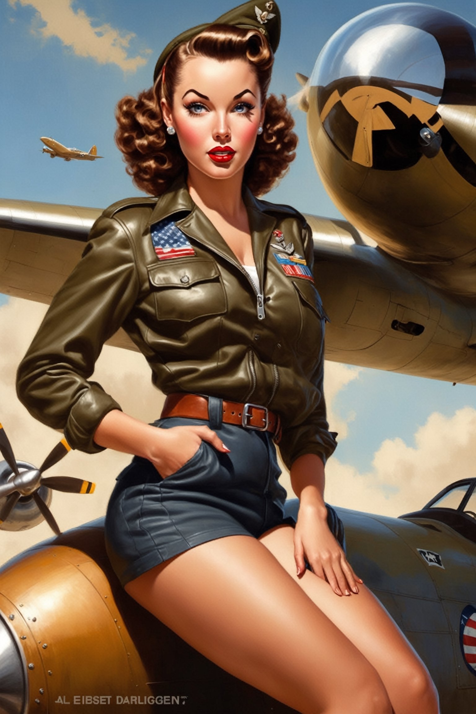 (((Black female)))Pinup-style artwork. Create a captivating pinup illustration in the style of the 1940s. Picture a pinup girl striking a confident pose, emphasizing her hourglass figure. Army Military brown leather bomber jacket outfit should feature a stylish brown shorts.Placed riding atop of giant bomb her against a backdrop of a vintage airfield or military base, complete with military personel atmosphere. 
Drawing style by pin-up artist Gil Elvgren,photo r3al