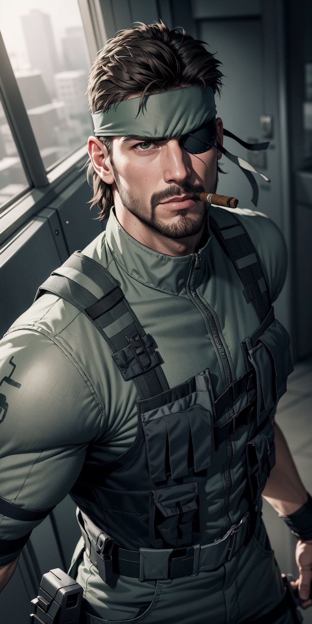 masterpiece,best quality,photo realistic, picture perfect face,eyepatch, headband,lit cigar,green camouflaug jumpsuit, bulletproof vest,solid snake, grizzled, facial hair,agressive facial expression