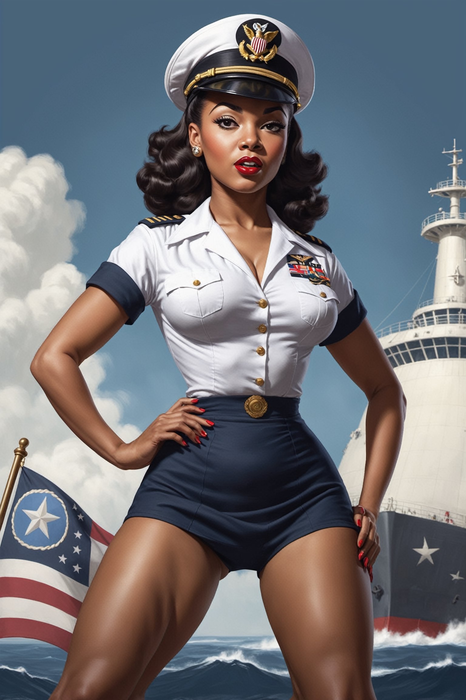 Pinup-style artwork. Create a captivating pinup illustration in the style of the 1940s.(((Black female))) Picture a pinup girl striking a provacative pose, emphasizing her hourglass figure,wearing US Navy uniform
Drawing style by pin-up artist Antonio Varga