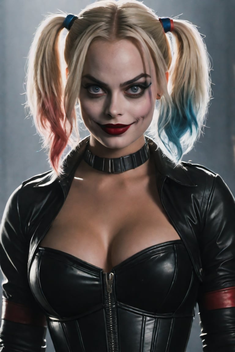 Ultra-detailed Margot Robbie as Harley Quinn,black leather corset,open satin shiny shirt,exposed breasts, high-quality cell-shaded illustrations, dynamic pose, perfect anatomy, centered, freedom, soul, approach to perfection, cell shading, 4k, cinematic dramatic atmosphere, watercolor painting, global illumination, detailed and intricate environment, art station, concept art, fluid and sharp focus, volumetric lighting, cinematic lighting, Movie Still, Movie Still, Film Still, Cinematic, Cinematic Shot, photo r3al, Cinematic Lighting