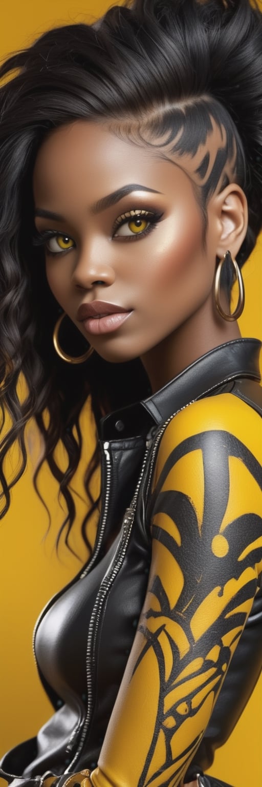 Ultra-Realistic Photo Of A very Beautiful Woman(((Black woman))) In The Image Of 'punk lady'  Fashion Outfit In Style body art,
Long dark Hair, Beautiful hot Eyes,((All Dark yellow leather)) Highly Detailed portrait 8K,background 5D abstract