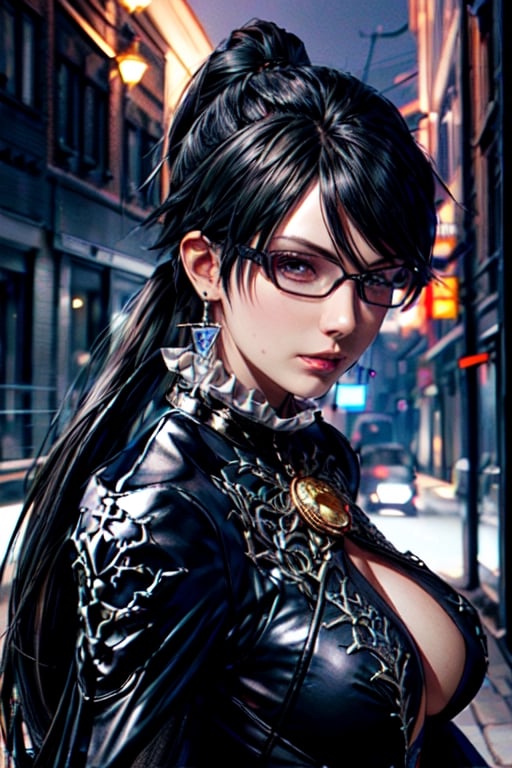 ((Upper body ))((Head to Midriff))((movie lighting)), super detailed, dramatic lighting, intricate detail,
1girl, 35 years old, bayonetta_2_long hair_aiwaifu,(((Pinned up hair with ponytail)))(((Extremely long ponytail)))Detailedface, big breasts, cleavage, black hair, beautiful face, very long shiny brown hair,  glasses,  detailed face, detailed eyes, looking_at_viewer, ,glass, street night background, defiant look
