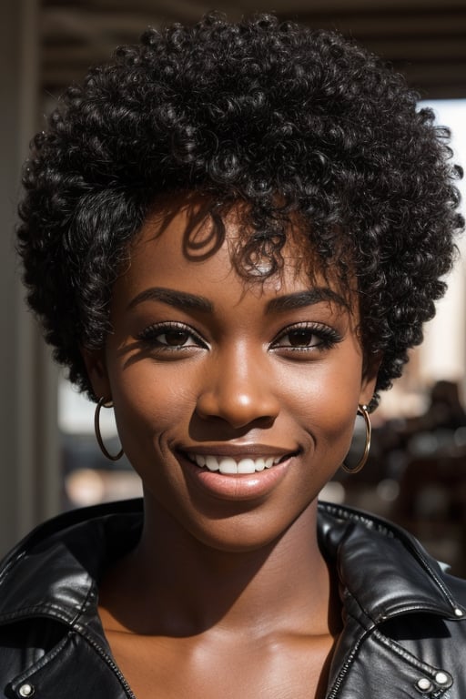 masterpiece, best quality,  a dark skinned black woman wearing a detailed  black leather jacket with black leather pants,  afro haircut, large breasts, midriff, smile, teeth, insane ultra hires, extreme intricate details, , round ass, big nose, (full nose:1.3), face shadow

HDR, natural lighting, volumetric shading, dynamic pose, Hyperrealistic,  realistic lighting, dramatic shadows, hard focus, high contrast, dramatic perspective

dramatic shadows,