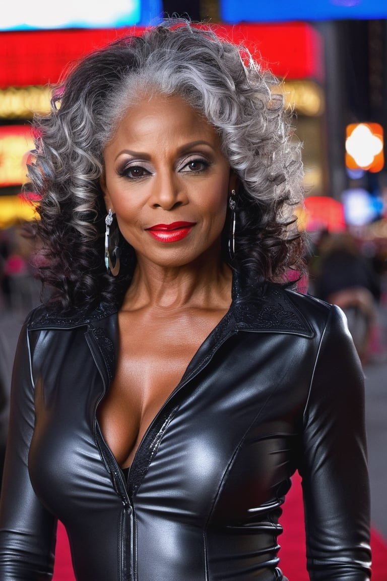 medium photo of extremely sexy(((Black female)) a woman as a sexy (((55 year old))),((Mature Milf)) long curly  silver_hair, closeup portrait, (Red leather tight long sleeve blouse Upturned Collar),(big breasts)night time Times Square black background (masterpiece:1.5) (photorealistic:1.1) (bokeh) (best quality) (detailed skin texture pores hairs:1.1) (intricate) (8k) (HDR) (wallpaper) (cinematic lighting) (sharp focus), (eyeliner), (painted lips:1.2), (earrings)   