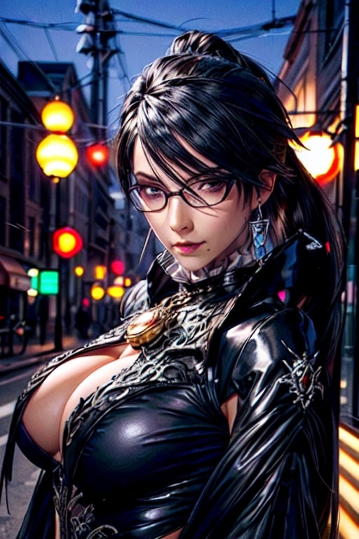 ((Upper body ))((Head to Midriff))((movie lighting)), super detailed, dramatic lighting, intricate detail,
1girl, 35 years old, bayonetta_2_long hair_aiwaifu,(((Pinned up hair with ponytail)))(((Extremely long ponytail)))Detailedface, big breasts, cleavage, black hair, beautiful face, very long shiny brown hair,  glasses,  detailed face, detailed eyes, looking_at_viewer, ,glass, street night background, defiant look

