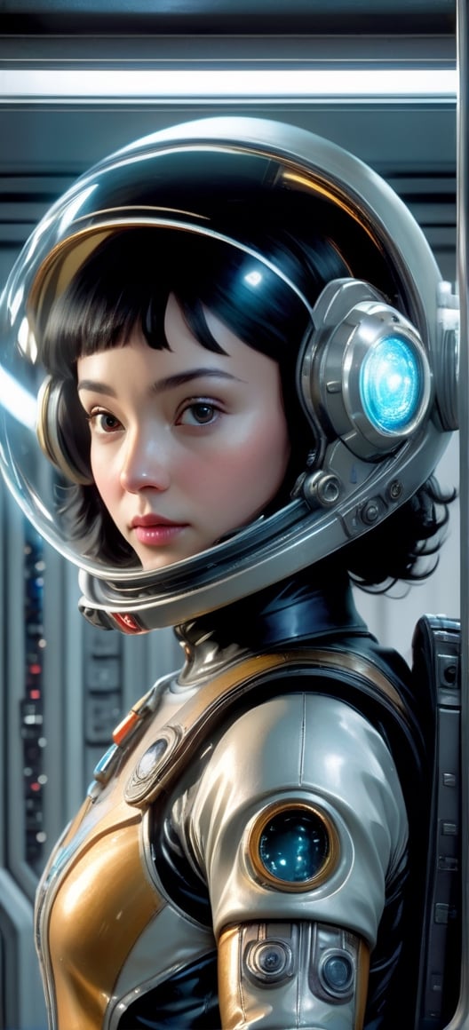 breathtaking close up photorealism photo of Caucasian woman with black hair wearing mech suit indoors (on alien spaceship) by Craig Davison, Dave Dorman, and Drew Struzan, symmetrical outfit. patch panels, computers, buttons, switches, screen, window with a view of outer space. wearing bubble helmet, face visible. high quality, photorealism, chromatic aberration, lens distortion, sharp focus, highest detail.