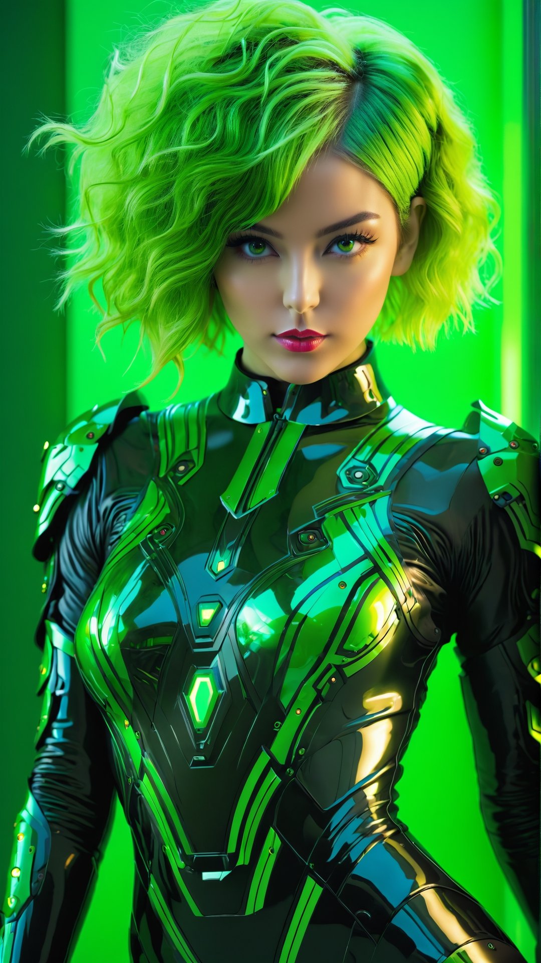 (best quality:1.2, highres, masterpiece:1.2),
1girl,beautiful detailed eyes, beautiful detailed lips, lime green hair,short haircut,black and green bodysuit, full body, (BIG AND BULKY ARMOR)
mechanical arms, medium breasts, science fiction, solo, standing,  rimlight, simple background,modelshoot style