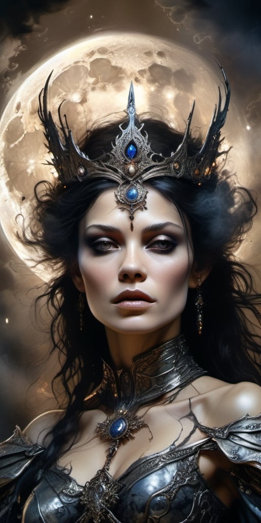 A portrait of a beautiful Queen Mab Mab, perfect body, moon reflecting off face, dark hair, Apocalyptic, Viktor Miller, Kyle Lambert, Charlie Davis, divine proportion, ink, artwork, Royo, cinematic, 16k, sharp focus emitting diodes smoke sparks artstation hyperrealism painting concept art of detailed character design matte painting