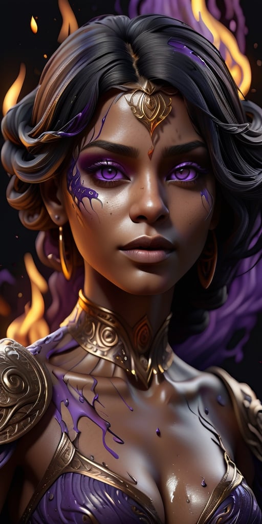 a beautiful woman, Hyperdetailed Eyes, Tee-Shirt Design, Line Art, Black Background, Ultra Detailed Artistic, Detailed Gorgeous Face, Purple flames,Natural Skin, Water Splash, Colour Splash Art, Fire and Ice, Splatter, Black Ink, Liquid Melting, Dreamy, Glowing, Glamour, Glimmer, Shadows, Oil On Canvas, Brush Strokes, Smooth, Ultra High Definition, 8k, Unreal Engine 5, Ultra Sharp Focus, Intricate Artwork Masterpiece, Ominous, Golden Ratio, Highly Detailed, Vibrant, Production Cinematic Character Render, Ultra High Quality Model