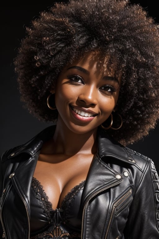 masterpiece, best quality,  a dark skinned black woman wearing a detailed  black leather jacket with black leather pants,  afro haircut, large breasts, midriff, smile, teeth, insane ultra hires, extreme intricate details, , round ass, big nose, (full nose:1.3), face shadow

HDR, natural lighting, volumetric shading, dynamic pose, Hyperrealistic,  realistic lighting, dramatic shadows, hard focus, high contrast, dramatic perspective

dramatic shadows,