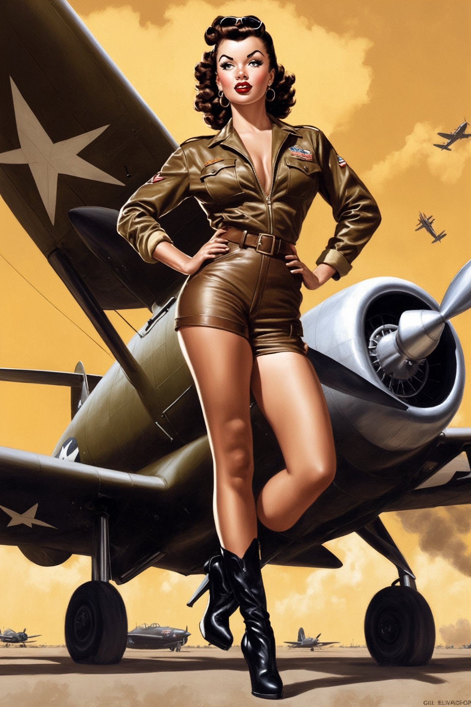 (((Black female)))Pinup-style artwork. Create a captivating pinup illustration in the style of the 1940s. Picture a pinup girl striking a confident pose, emphasizing her hourglass figure. Army Military brown leather bomber jacket outfit should feature a stylish brown shorts.Placed riding atop of giant bomb her against a backdrop of a vintage airfield or military base, complete with military personel atmosphere. 
Drawing style by pin-up artist Gil Elvgren,photo r3al