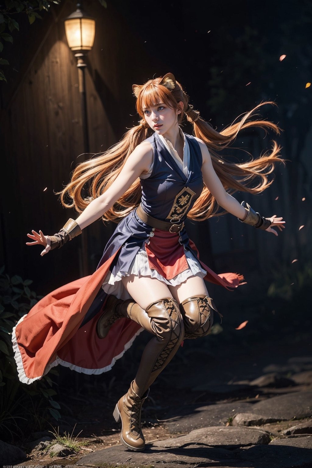Ultra Detailed, 50mm, official art, unity 8k wallpaper, ultra detailed, aesthetic, masterpiece, best quality, photorealistic, 1girl, orange_hair,blonde_hair, verylong_hair, twin_tails, solo, bangs, blue eyes, white_kneehighs, princess_cut, hime_cut, hair between eyes, fox_ears, elbow gloves, sleeveless, belt, lace_leggings, leather_boots, full body, two bare long legs, white-skinned girl, tall, narrow waist, dynamic pose, dynamic angle, hold_katana, long_katana,river,raccoon_tail