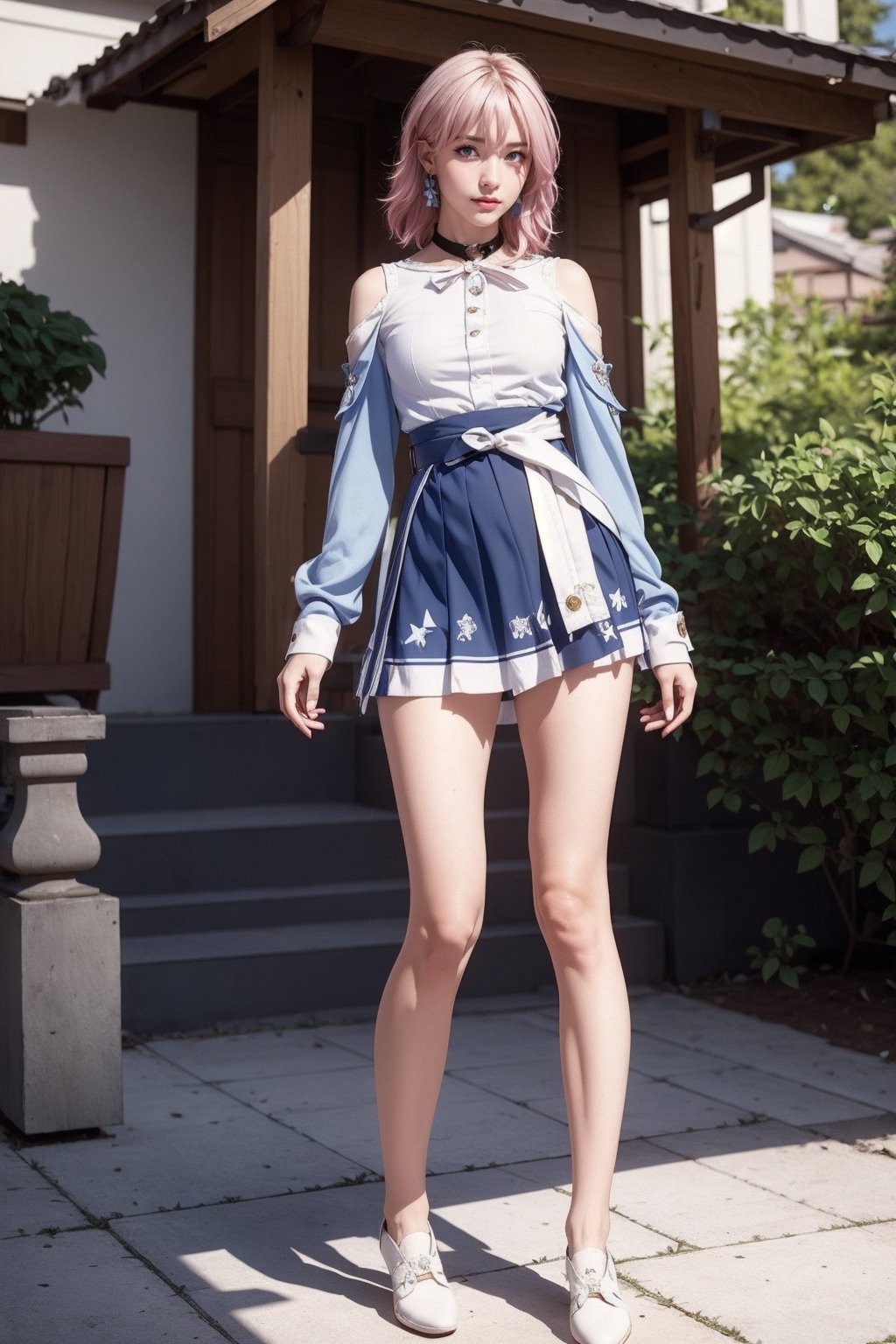 Ultra Detailed, 50mm, official art, unity 8k wallpaper, ultra detailed, aesthetic, masterpiece, best quality, photorealistic, short_hair, jewelry, earrings, pinkhair, hime_cut, bare shoulders, light blue eyes, sport_shoe, white socks, hair between eyes, elbow gloves, sleeveless, belt, leggings, blue shirt, indigo skirt, neckbelt, white footwear, long sleeves, full body, two bare long legs, white-skinned girl, tall, narrow waist, dynamic pose, dynamic angle,ph_Mar,march 7th \(honkai: star rail\),little_cute_girl, holding_bow_(weapon), japanese_shrine