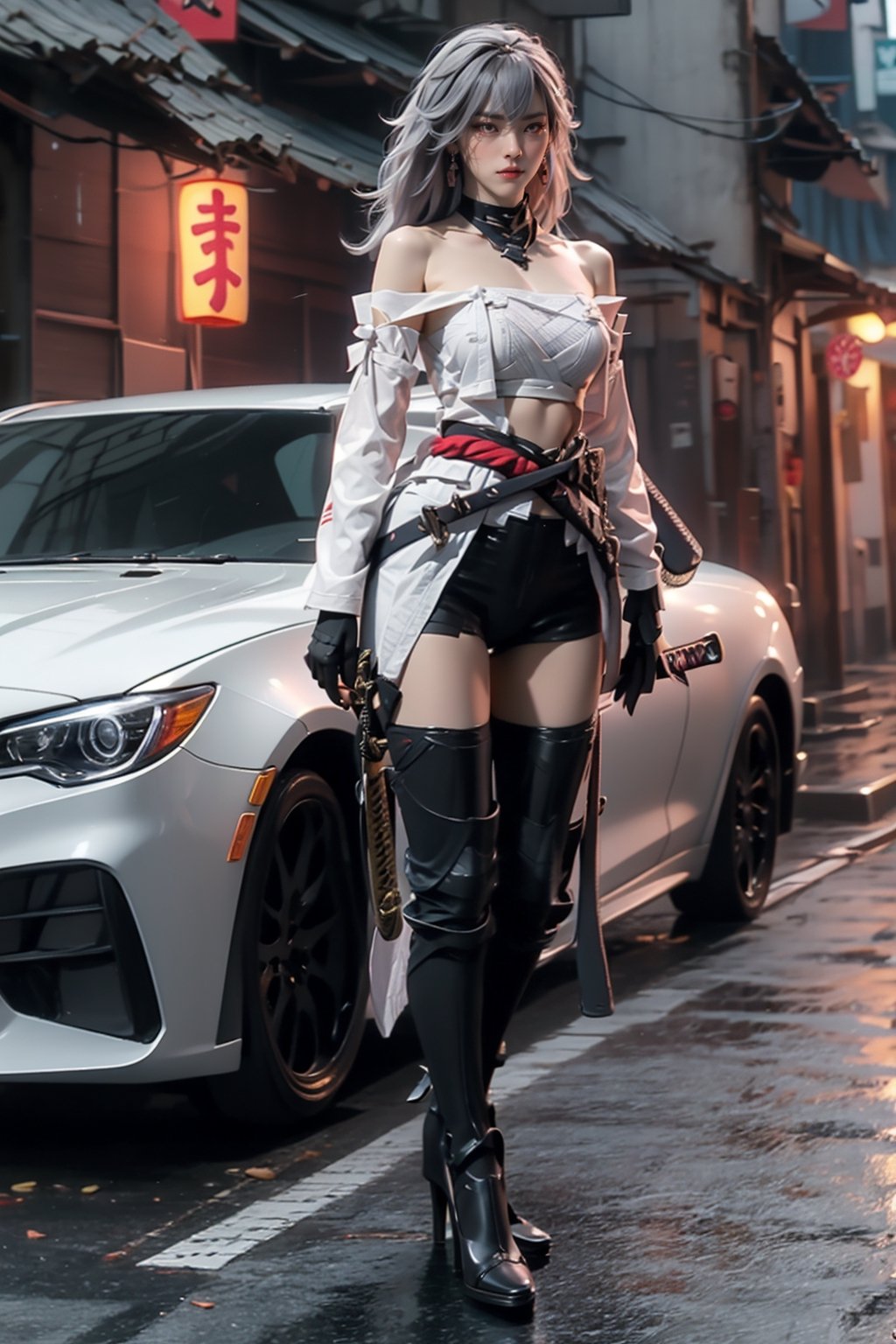 Ultra Detailed, 50mm, official art, unity 8k wallpaper, ultra detailed, aesthetic, masterpiece, best quality, photorealistic,1girl, grey hair, long hair,  solo, jewelry, earrings, grey hair, bangs, drill hair, bare shoulders, grey eyes, thigh boots, thighhighs, hair between eyes, boots, elbow gloves, sleeveless, black gloves, belt, leggings, white dress, black footwear, long sleeves, full body, two bare long legs, white-skinned girl, tall, narrow waist, dynamic pose, dynamic angle,long hair, asian,solo,earrings,ryujinlorashy,samurai,katana, japanese street, samurai armor