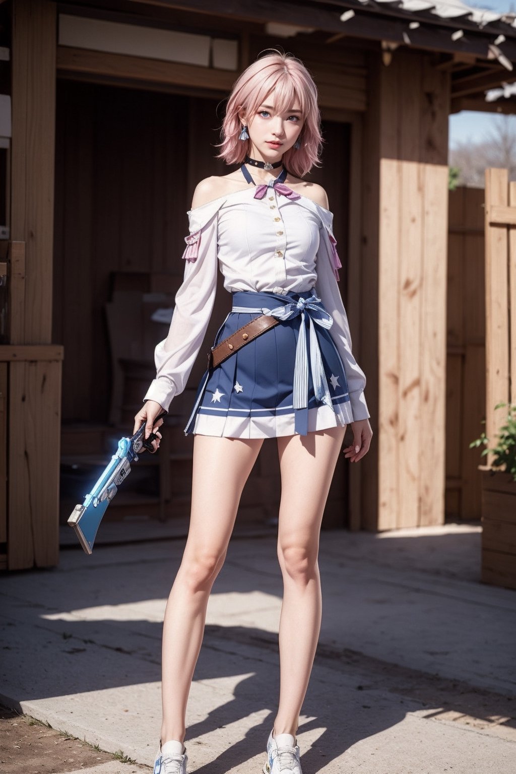 Ultra Detailed, 50mm, official art, unity 8k wallpaper, ultra detailed, aesthetic, masterpiece, best quality, photorealistic, short_hair, jewelry, earrings, pinkhair, hime_cut, bare shoulders, light blue eyes, sport_shoe, white socks, hair between eyes, elbow gloves, sleeveless, belt, leggings, blue shirt, indigo skirt, neckbelt, white footwear, long sleeves, full body, two bare long legs, white-skinned girl, tall, narrow waist, dynamic pose, dynamic angle,ph_Mar,march 7th \(honkai: star rail\),little_cute_girl, holding_bow_(weapon), japanese_shrine