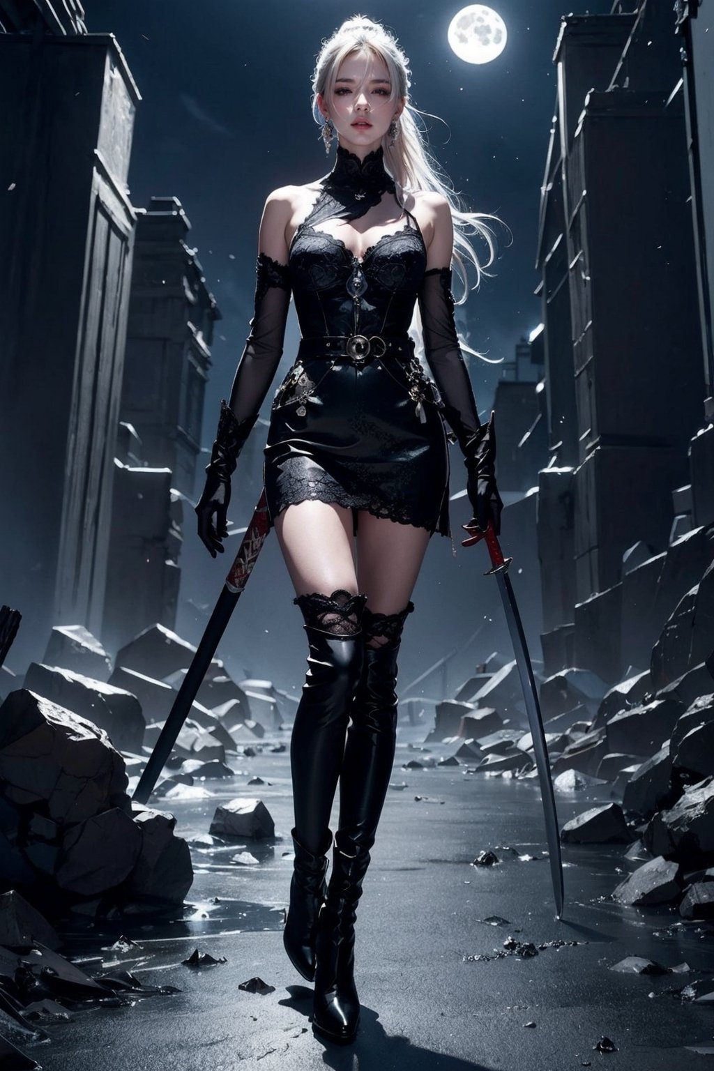 Ultra Detailed, 50mm, official art, unity 8k wallpaper, ultra detailed, aesthetic, masterpiece, best quality, photorealistic, princess_cut, long_white_hair, jewelry, earrings, ponytail, bare shoulders,red_eyes, hair between eyes,boots, elbow gloves,sleeveless, black gloves,black_lace_dress,leggings, black skirt, black footwear, full body, long_legs, white-skinned girl, tall, narrow waist, dynamic pose,1_girl,katana_ice, fullmoon, hair_past_waist, long_legs,ice_giant_sword,Hair over eyes