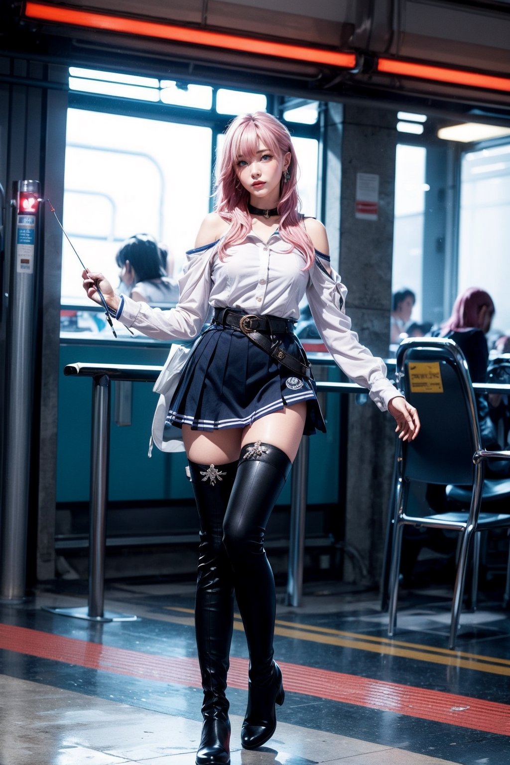 Ultra Detailed, 50mm, official art, unity 8k wallpaper, ultra detailed, aesthetic, masterpiece, best quality, photorealistic, long hair, jewelry, earrings, pinkhair, bangs, bare shoulders, light blue eyes, thigh boots, thighhighs, hair between eyes, boots, elbow gloves, sleeveless, black gloves, belt, leggings, white sailor shirt, blue skirt, black footwear, long sleeves, full body, two bare long legs, white-skinned girl, tall, narrow waist, dynamic pose, dynamic angle, bow, arrow, archer, railway station,ph_Mar,march 7th \(honkai: star rail\),jiae