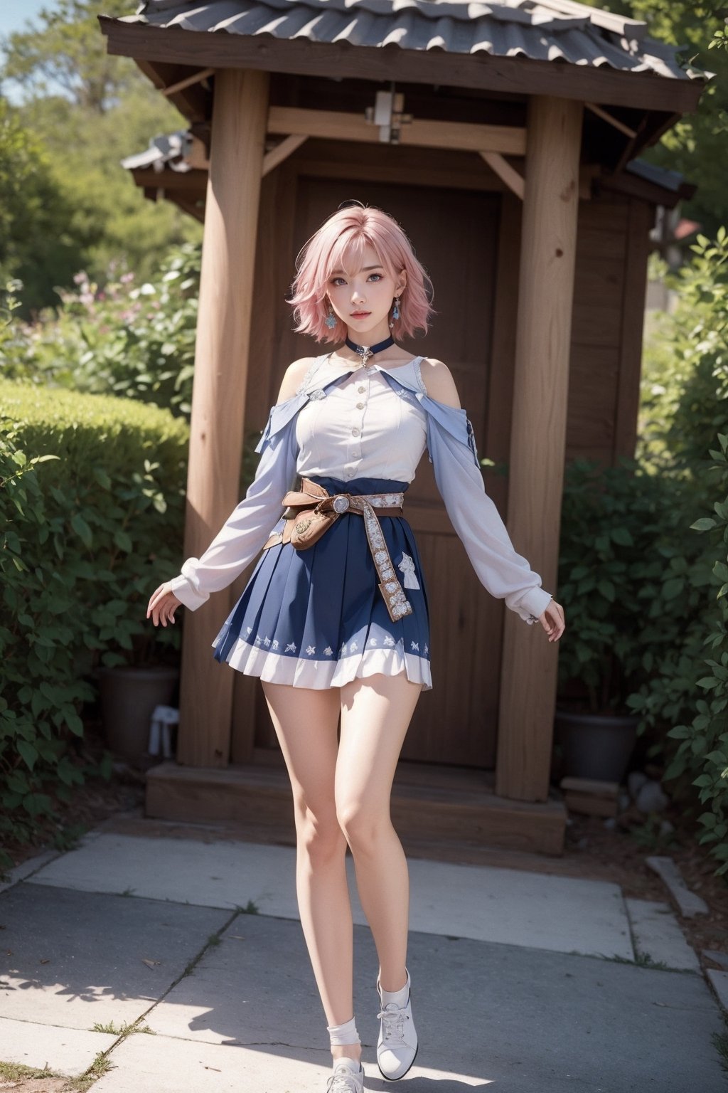 Ultra Detailed, 50mm, official art, unity 8k wallpaper, ultra detailed, aesthetic, masterpiece, best quality, photorealistic, short_hair, jewelry, earrings, pinkhair, hime_cut, bare shoulders, light blue eyes, sport_shoe, white socks, hair between eyes, elbow gloves, sleeveless, belt, leggings, blue shirt, indigo skirt, neckbelt, white footwear, long sleeves, full body, two bare long legs, white-skinned girl, tall, narrow waist, dynamic pose, dynamic angle,ph_Mar,march 7th \(honkai: star rail\),little_cute_girl, holding_bow_(weapon), japanese_shrine, corgi, golden_retriever